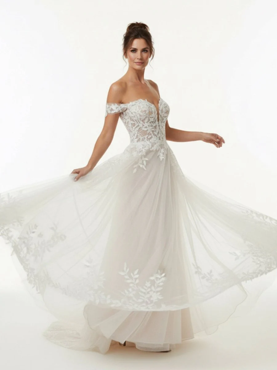 A-line Lace Beach Wedding Dress with Off Shoulder Tulle Appliques