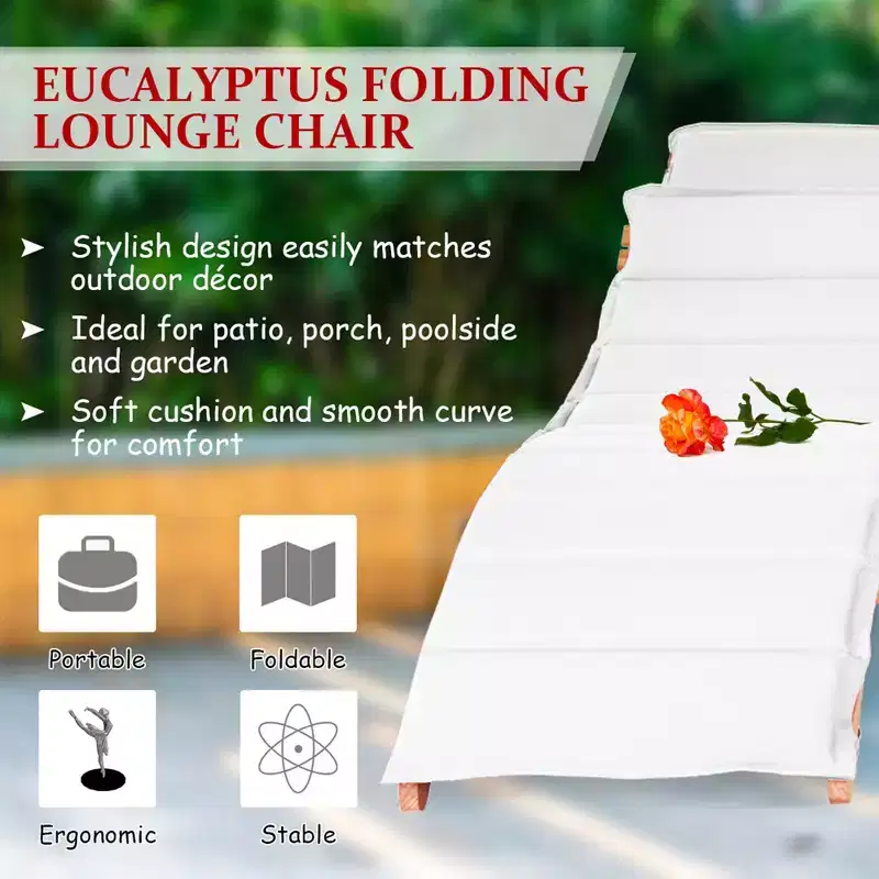 Costway 3PCS Wooden Folding Lounge Chair Set Cushion Pad Pool Deck