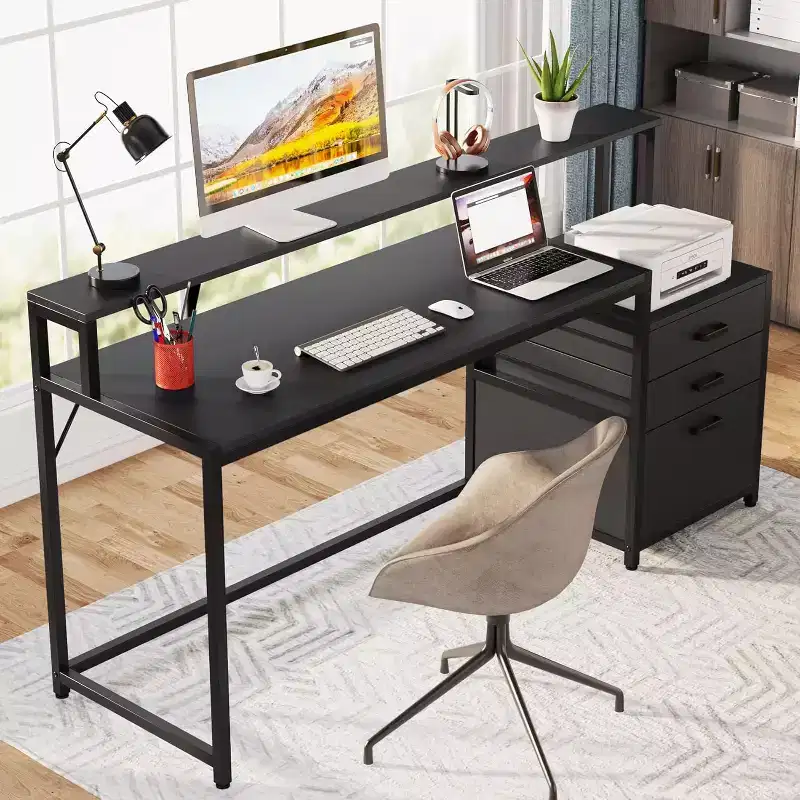 Lantine 63 Inch Industrial Computer Desk: Ergonomic Office Workstation with File Drawer, Monitor Stand, and Printer Space for Home Office.