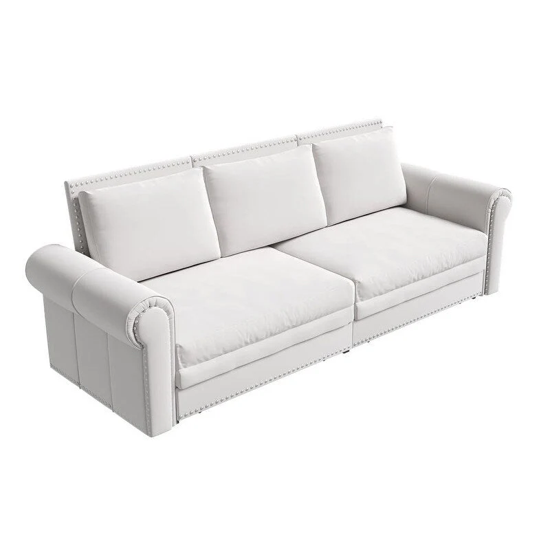 3-in-1 Chesterfield Sofa Bed, King Pull Out Sofa Bed, Velvet/Faux Leather Convertible Sleeper Sofa w/ Nailhead Trim & Rolled Arm