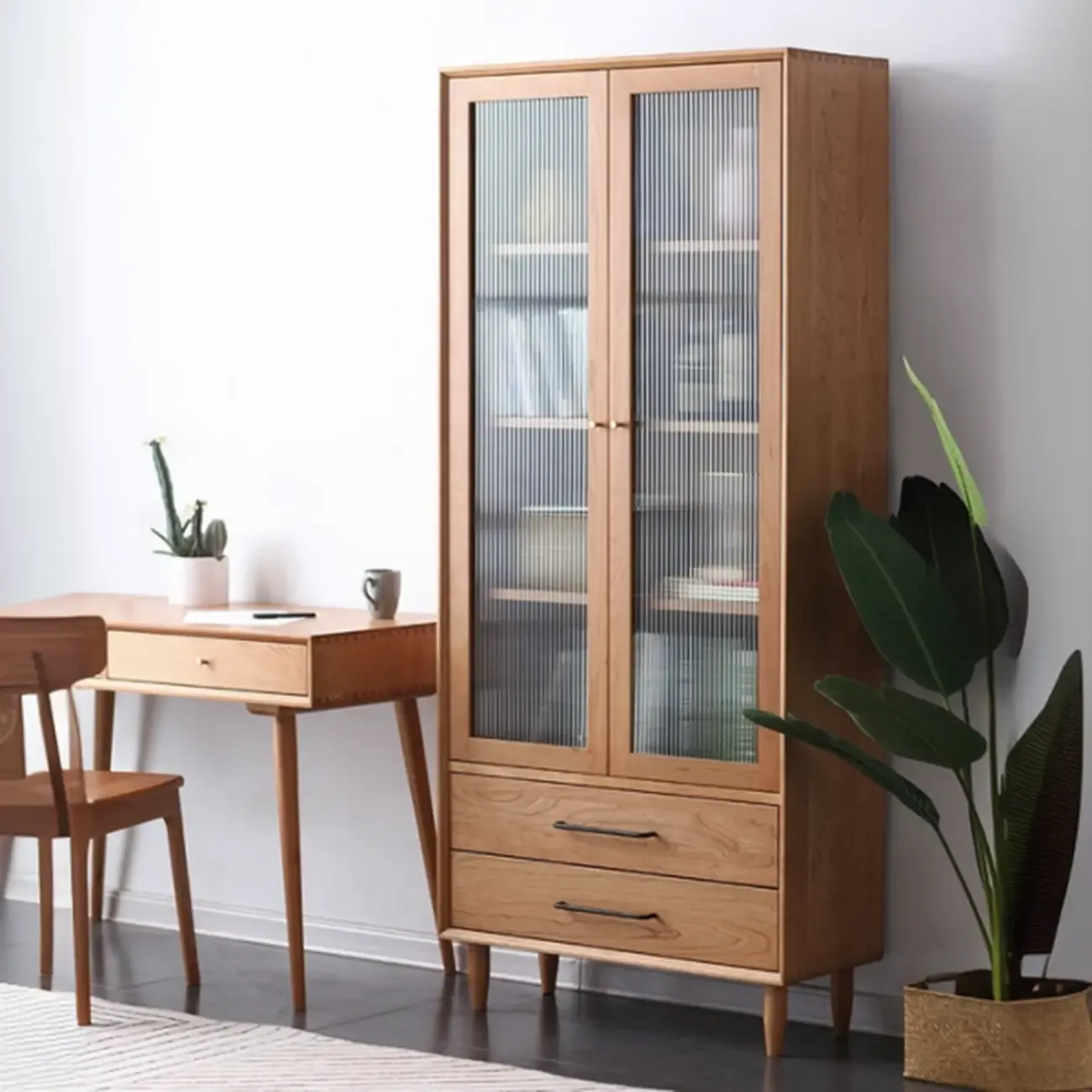 Narrow Modern Natural Wood 2-Drawer Bookcase