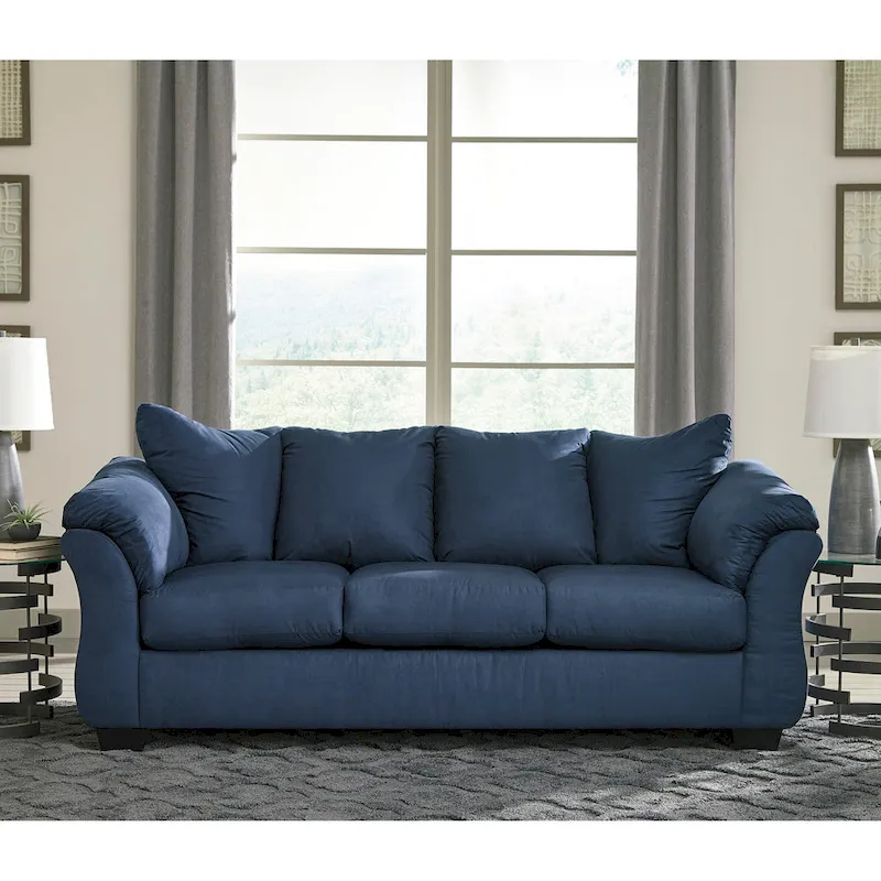 Navy Blue Microfiber Pillow-Back Sofa, Seats 3