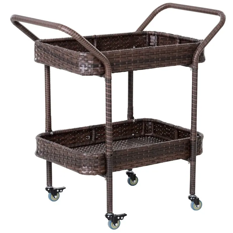 Outsunny Rattan Food and Serving Cart with 4 Wheels and 2-Tiers of Surface Area, Great for Parties, Kitchen, or Utility