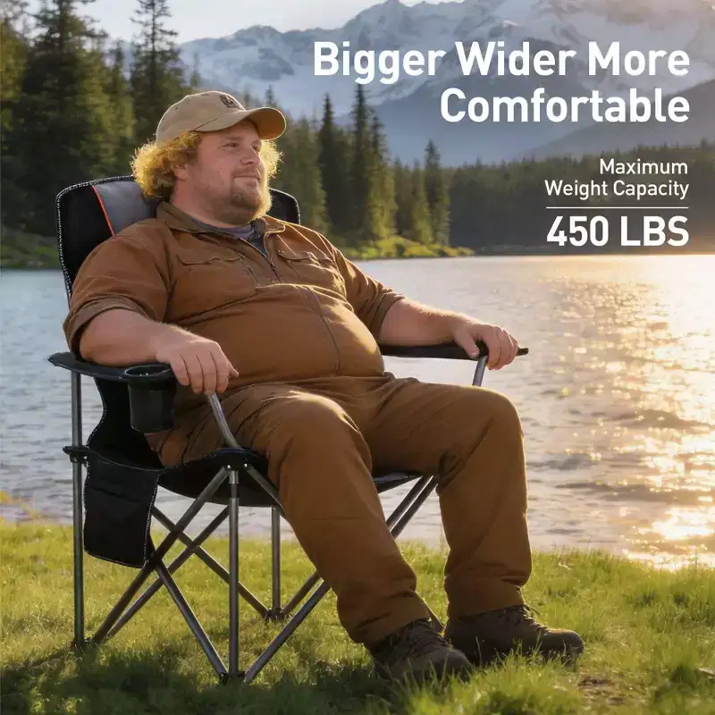 Captiva Designs Oversized Outdoor Folding Camping Chair with Steel Frame, Cup Holder & Storage, 450 lb Capacity