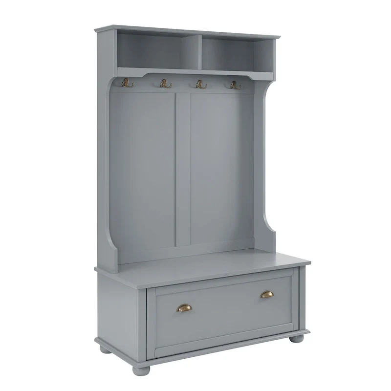 Coastal Style Hall Tree Entryway Bench with Shelves and Shoe Cabinets