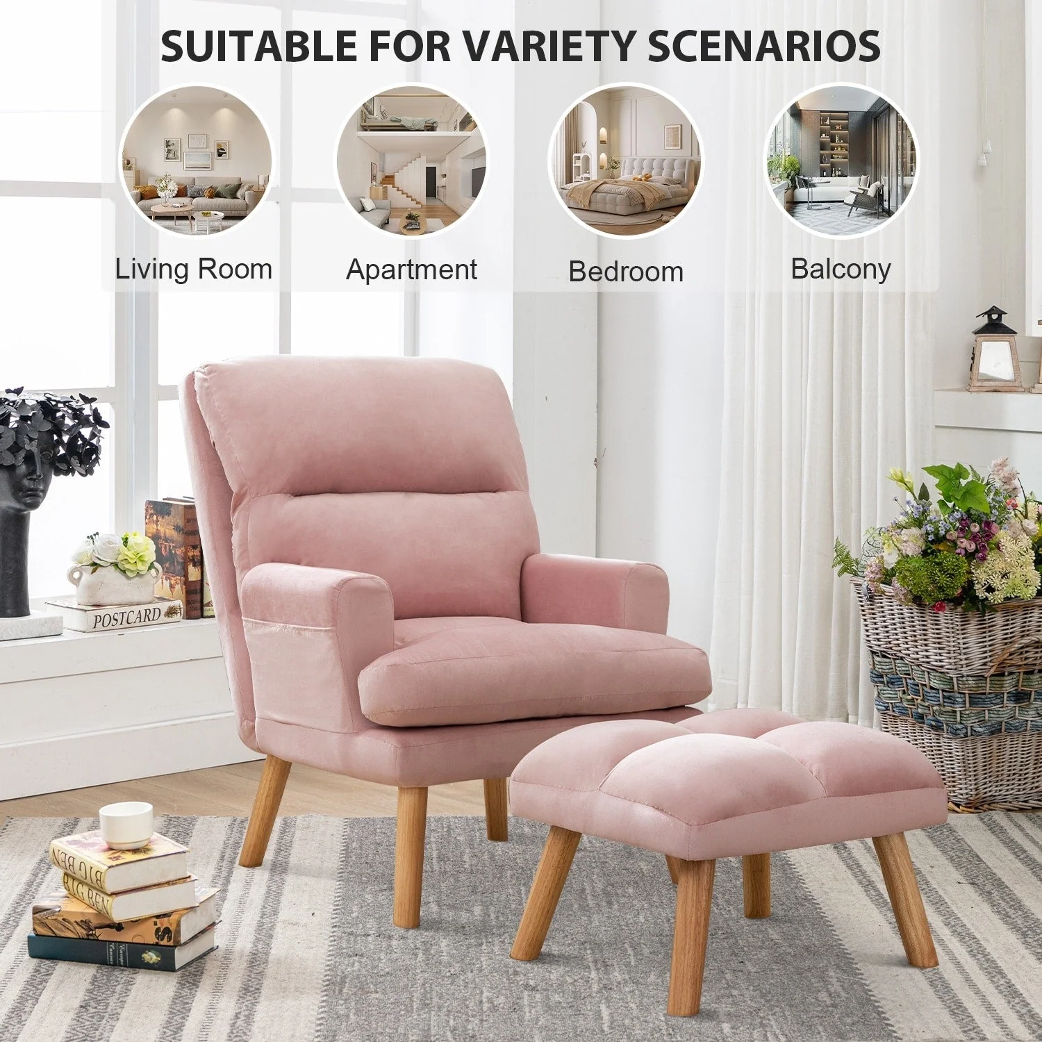 Soft Fabric Casual Living Room Armchair With Adjustable Backrest And Legs Stool