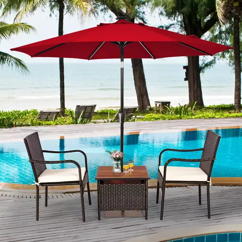 Costway 3PCS Patio Rattan Furniture Bistro Set Wood Side Table Stackable Chair