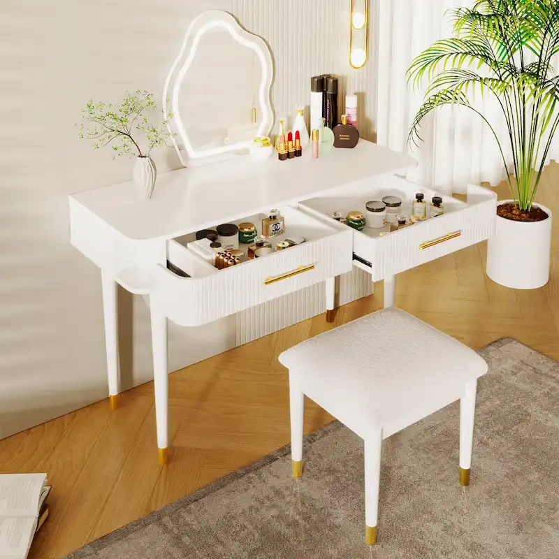 White Single-Person Vanity Table Set with LED Mirror, Cushioned Stool & 2 Drawers