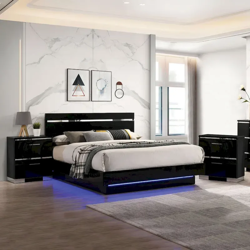 Benvolio Contemporary Black Wood LED 3-Piece Panel Bed with 2 Nightstands Set with USB Port by
