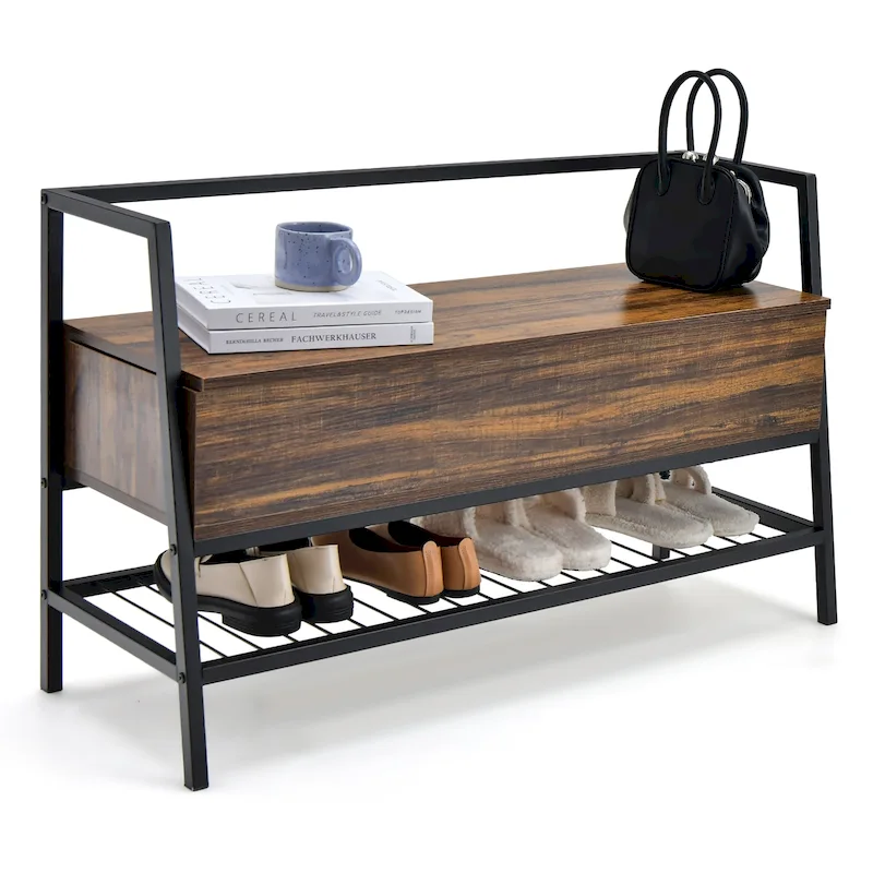 Industrial Shoe Bench Rack Organizer w/ Gas Lift & Hidden Storage Box