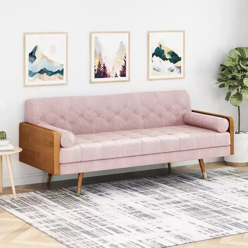 Christopher Knight Home Jalon Tufted 3 Seater Sofa with Bolster Pillows, Light Blush/Dark Walnut