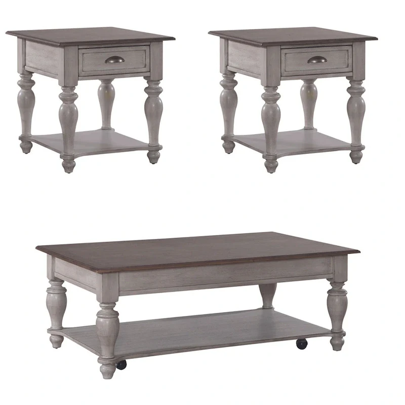 Ocean Isle Antique White & Weathered Pine 3-Piece Cocktail Table Set
