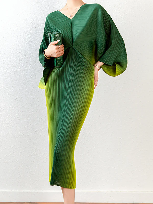 flowersverse Fashion Loose Batwing Sleeves Gradient Pleated Midi Dress
