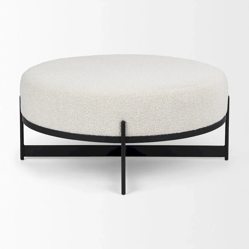 Amelia Cream Boucle Fabric with Black Metal Frame Round Ottoman