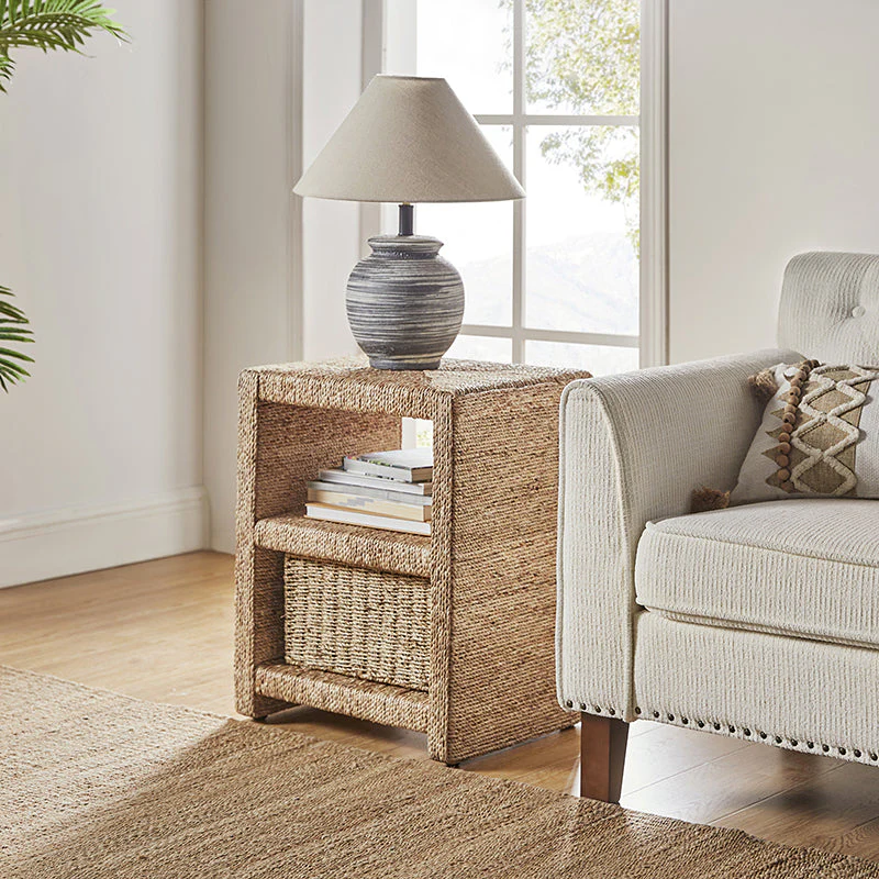 Rattan Grass Rope Side Table with 2 Open Shelves & Finished Back | Natural | Single