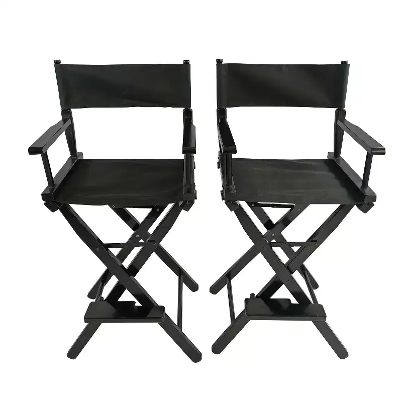 Okak Camping Chairs with Wooden Frame Set of 2, Folding Chair with Armrest and Footrest, Fishing Chair for Garden, Backyard, Porch, Black