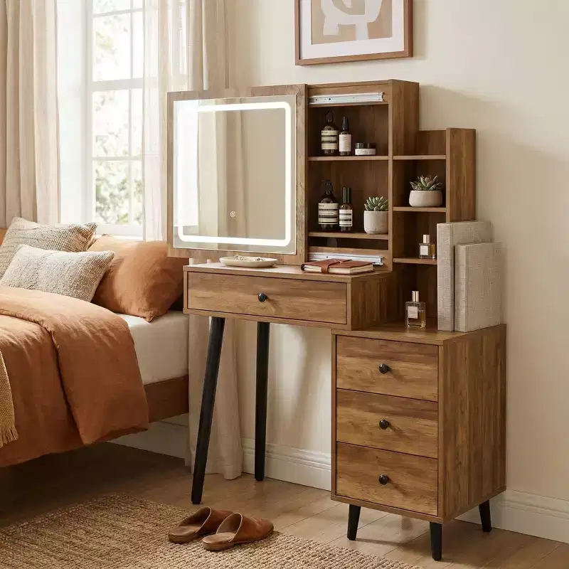 FurnitureR Makeup Vanity Desk with Sliding Mirror and Storage Shelves, Modern Dressing Table with Drawers for Bedroom Makeup Table with Storage