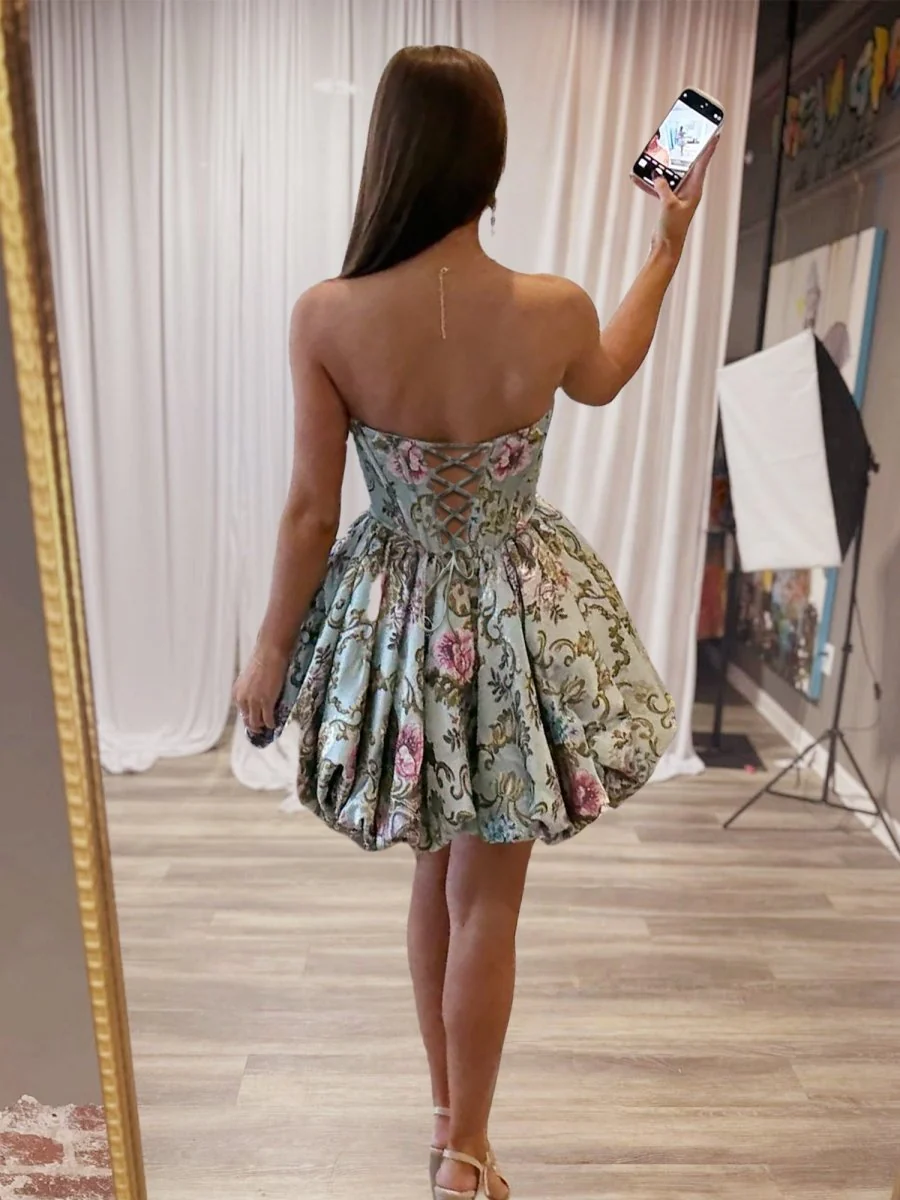 Sky Blue - A Line Brocade Strapless Corset Floral Homecoming Dress with Bubble Hem