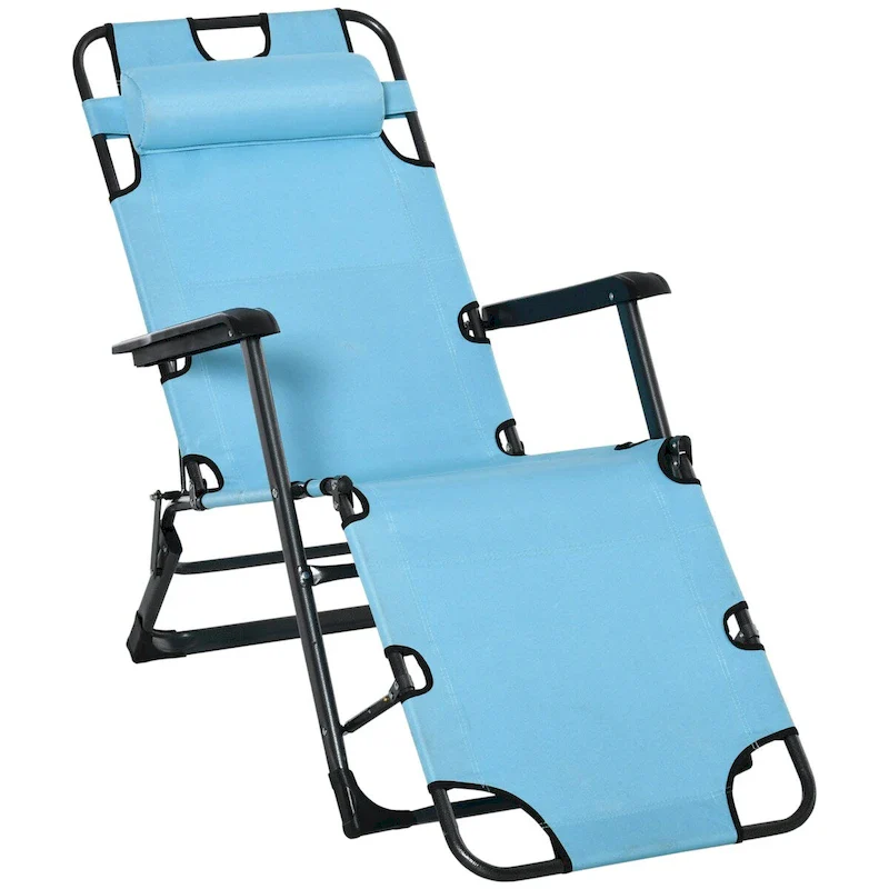 Folding Chaise Lounge Chair for Outside, 2-in-1 Tanning Chair with Pillow & Pocket, Adjustable Pool Chair for Patio