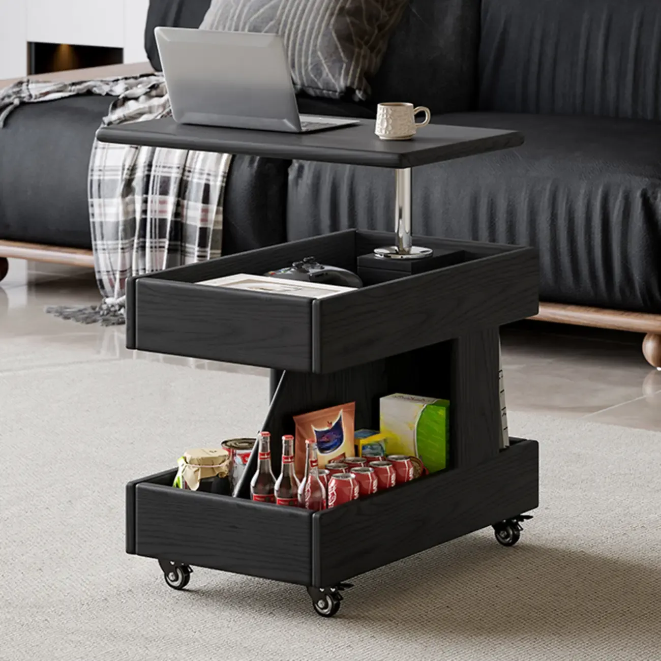 Versatile Swivel Top Modern Wood Side Table with Wheels