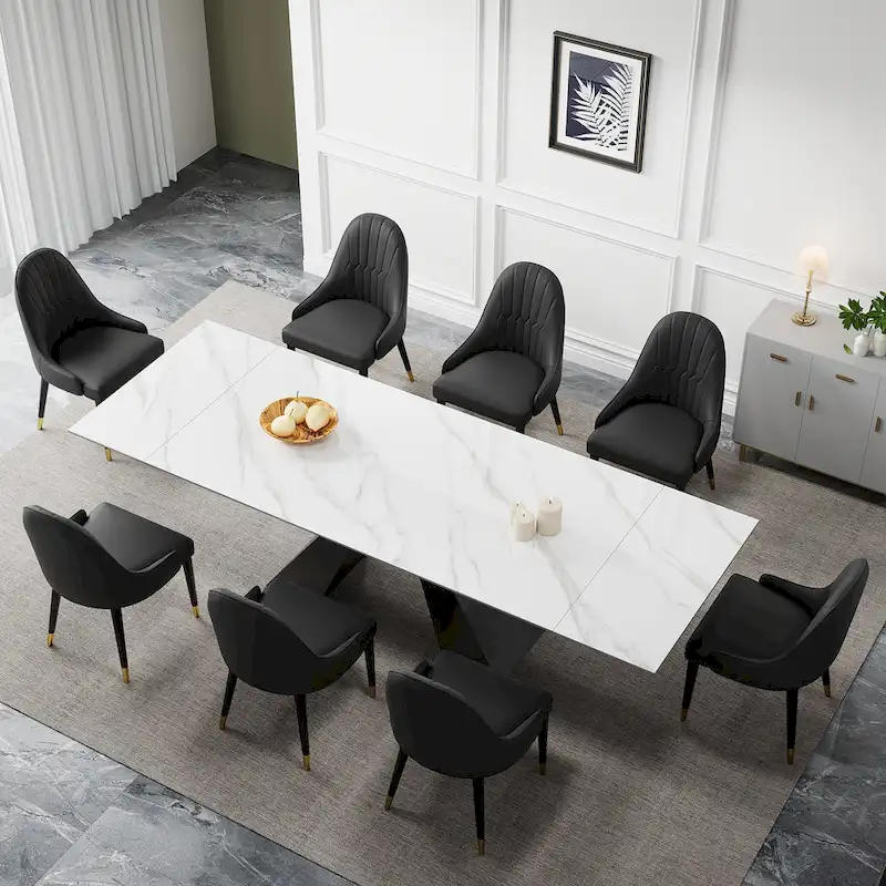 9 - Piece 110.24 Extendable Sintered Stone Dining Table and 8 Leather Chairs Dining Set