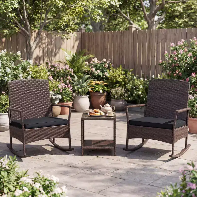 Costway 3 Piece Patio Rocking Set Wicker Rocking Chairs with 2-Tier Coffee Table Turquoise/Off White/Black