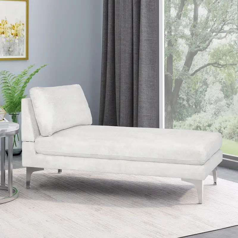 Contemporary Fabric Chaise Lounge, Silver Iron Legs, Backrest Pillow, Ivory / Black / Gray, 1-Person Use
