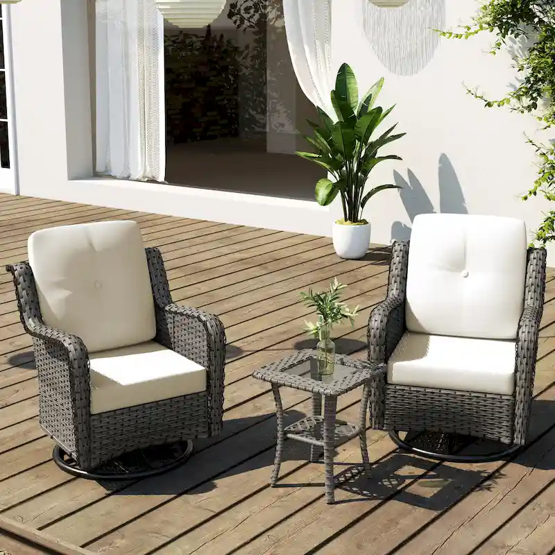 3 Pieces Patio Bistro Set with Rattan Rocking Chair Side Table