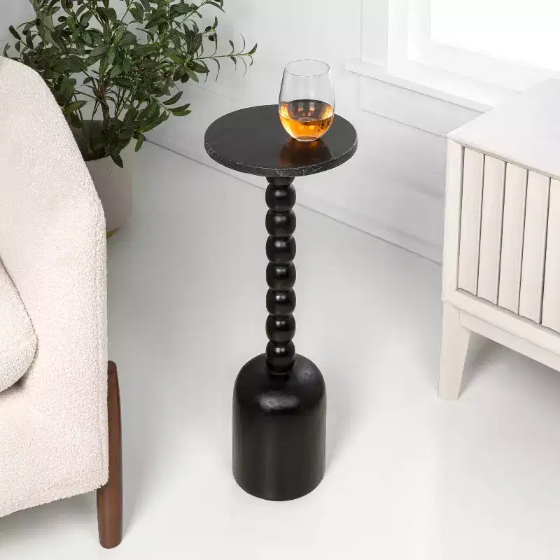 JONATHAN Y Turner 24.5 Designer Cottage Spindle Wood Column Drink Table & Decorative End Table with White Marble Round Top