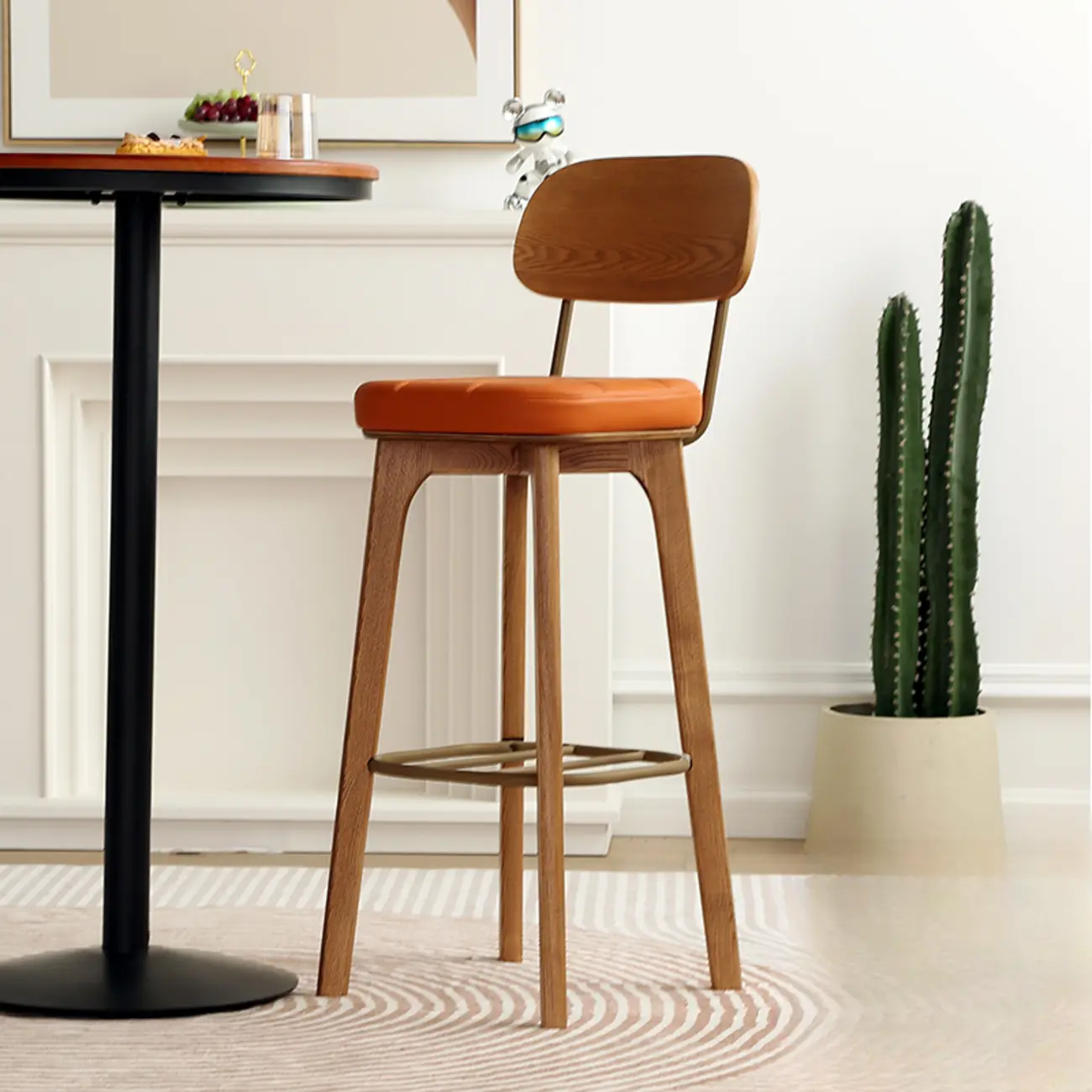 Wooden Square Leather Upholstered Bar Stool with Backrest