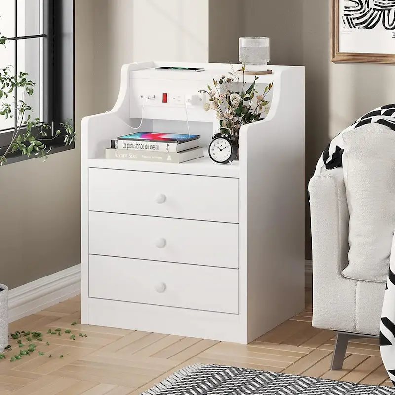 Nightstand 3 Drawers Charging Station End Side Table Bedroom