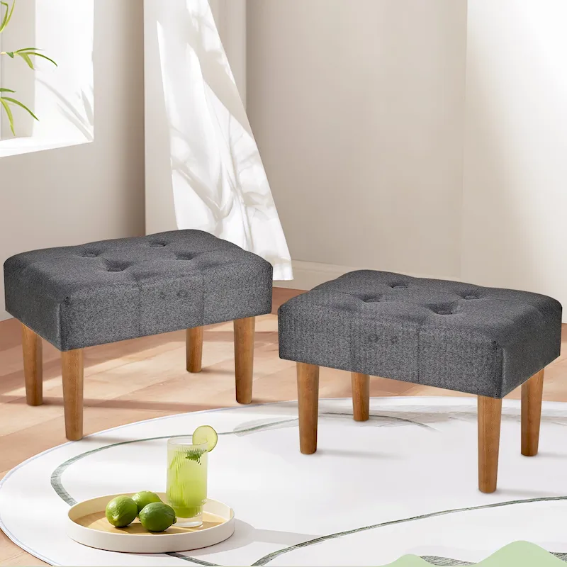 2 Pcs Small Foot Stool Ottoman, Linen Ottoman Foot Rest with Legs, Rectangle Upholstered Footrest