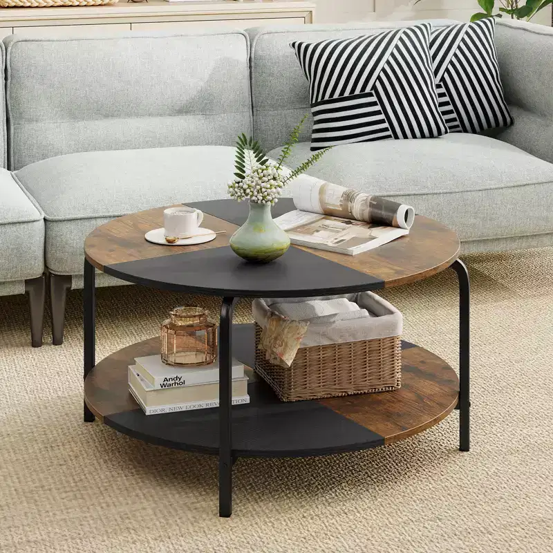 Costway 2-Tier Round Coffee Table w/Storage Shelf Metal Frame for Living Room Apartment Rustic Brown