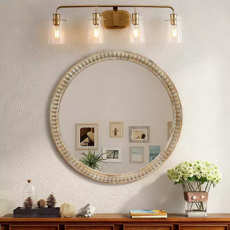 Modern Round Decorative Wall Mirror with Beaded Frame, Vanity Mirror for Bathroom, Accent Mirror for Living Room or Entryway-Panipeachy