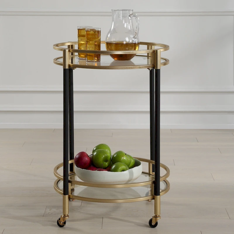 Two Tier Round Bar Serving Cart - 29.75 - Black and Gold