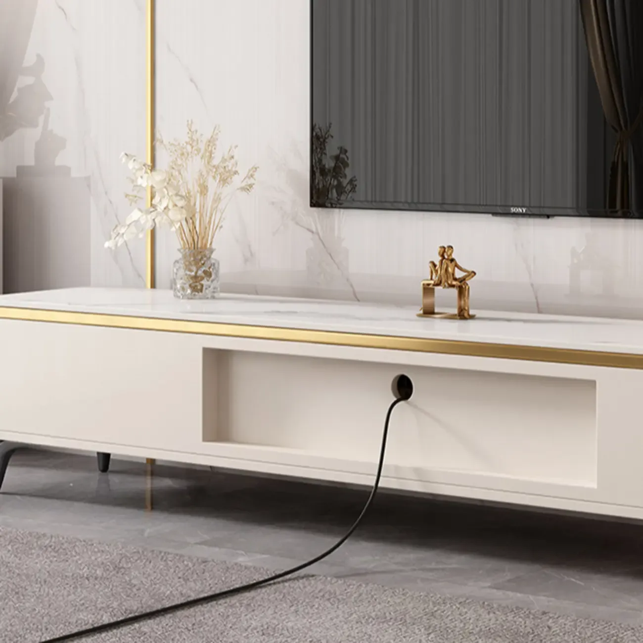 Versatile White Stone TV Stand with Multi Drawers & Lighting