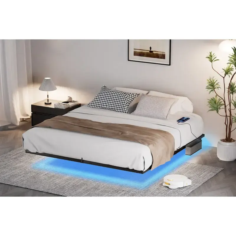 Modern Floating Bed with LED Lights, Charging Station & Metal Frame