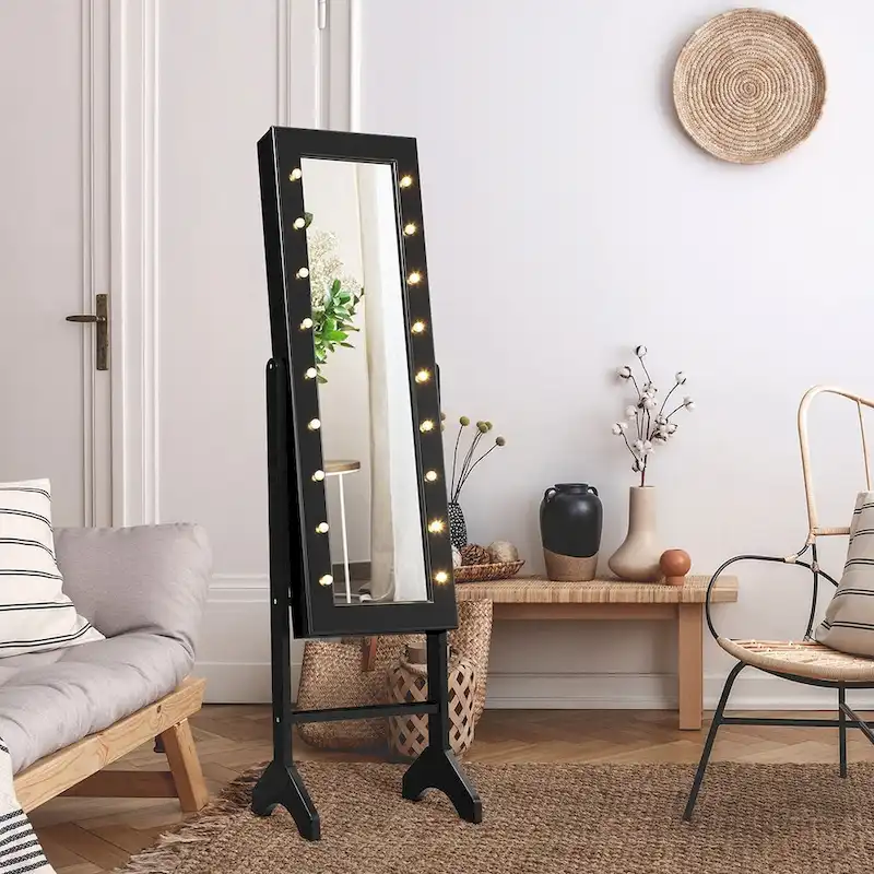 Costway Mirrored Jewelry Cabinet Organizer w/18 LED lights Black