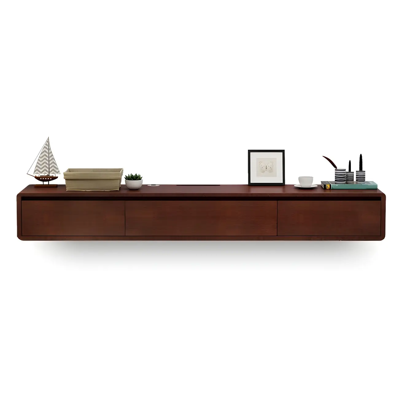 Long Rectangle Wooden Wall-Mounted TV Stand with Storage
