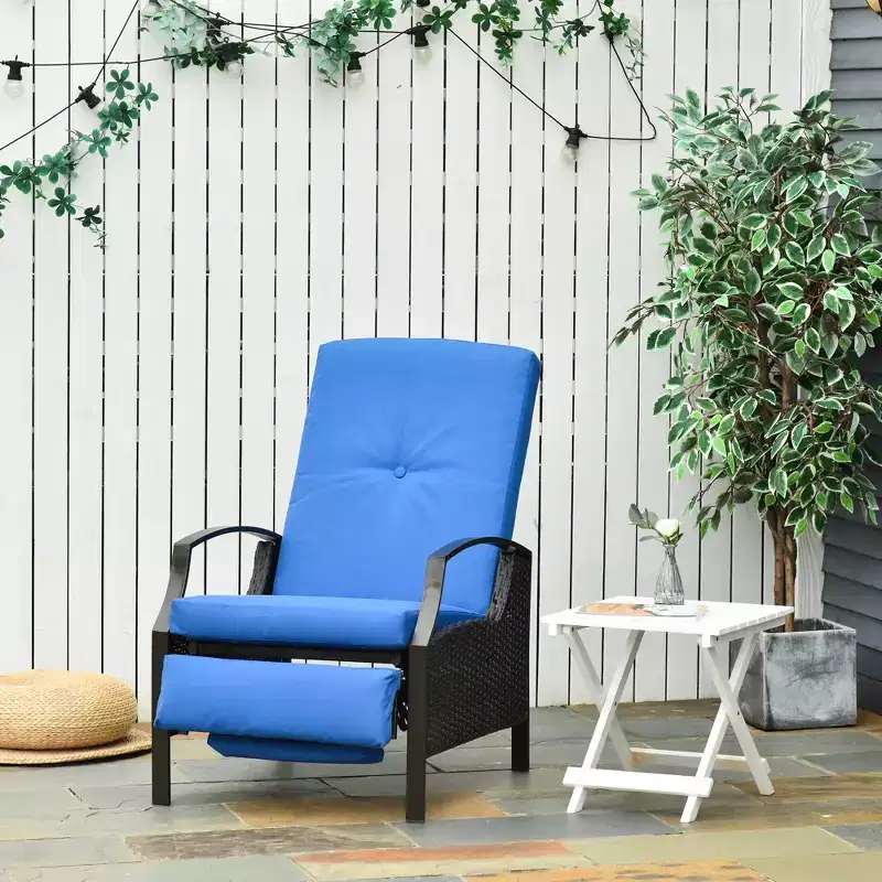 Outdoor Recliner Chair, Reclining Patio Lounge Chair with Comfy Cushions, Footrest, Armrests, PE Wicker for Balcony, Porch