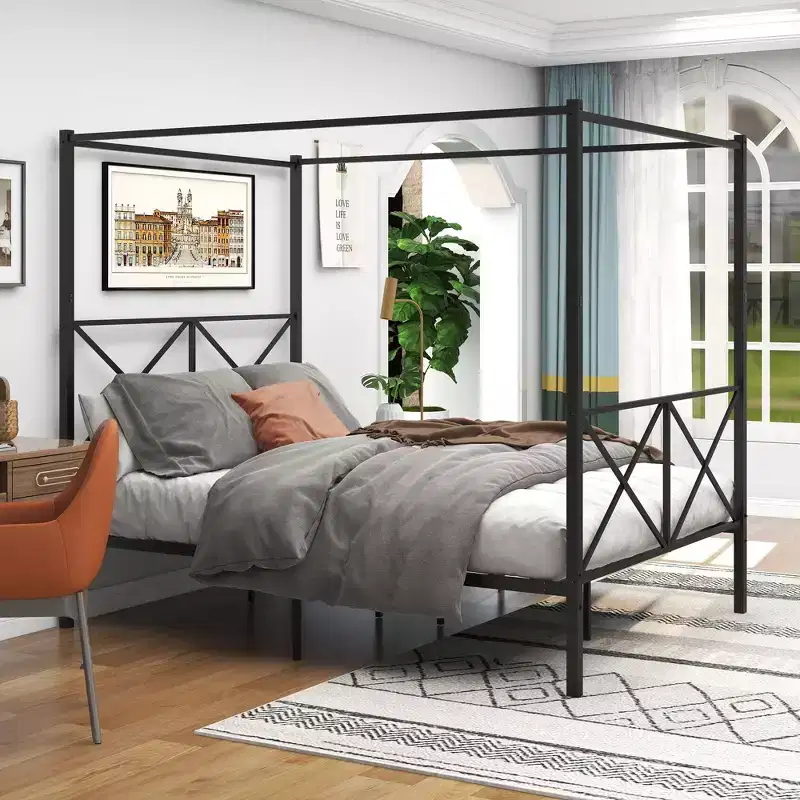 MAYEERTY Queen Size Metal Canopy Bed Frame with Vintage Headboard & Footboard, Noise-Free for Bedroom