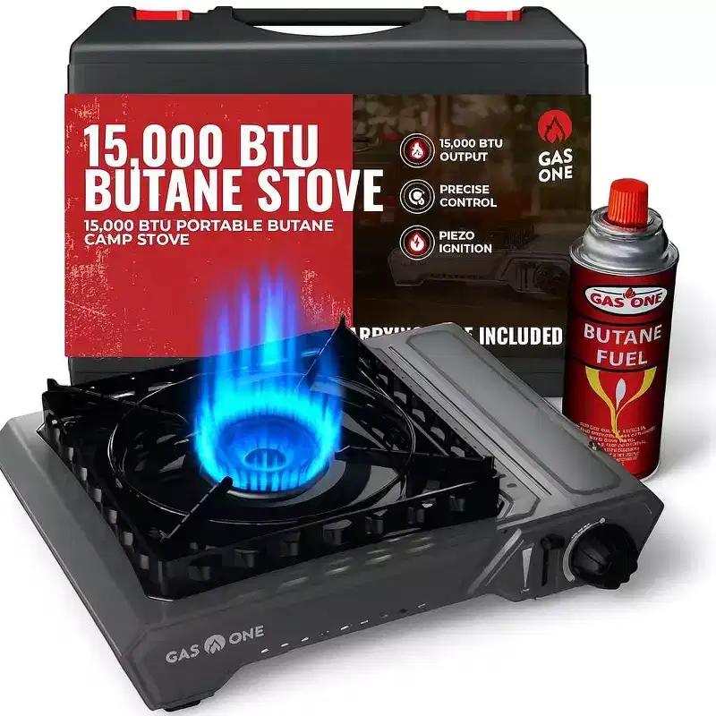 GasOne 15,000 BTU Portable Butane Camping Stove with Heavy Duty Case: Automatic Ignition, Precise Heat Control - Camping, Tailgating, Outdoor Cooking