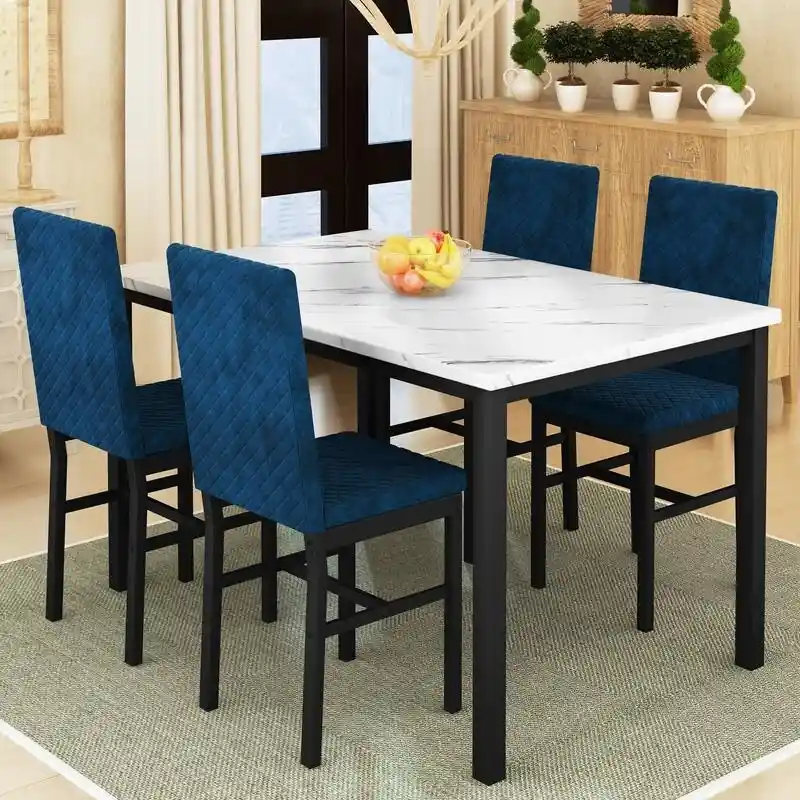 Grondin 5-Piece Dining Room Table Set with Faux Marble Table Top and Diamond Stitching Velvet Upholstery Dining Chairs