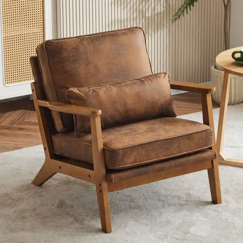 Upholstered Linen Blend Accent Chair with Wooden Legs and Pillow, Beige
