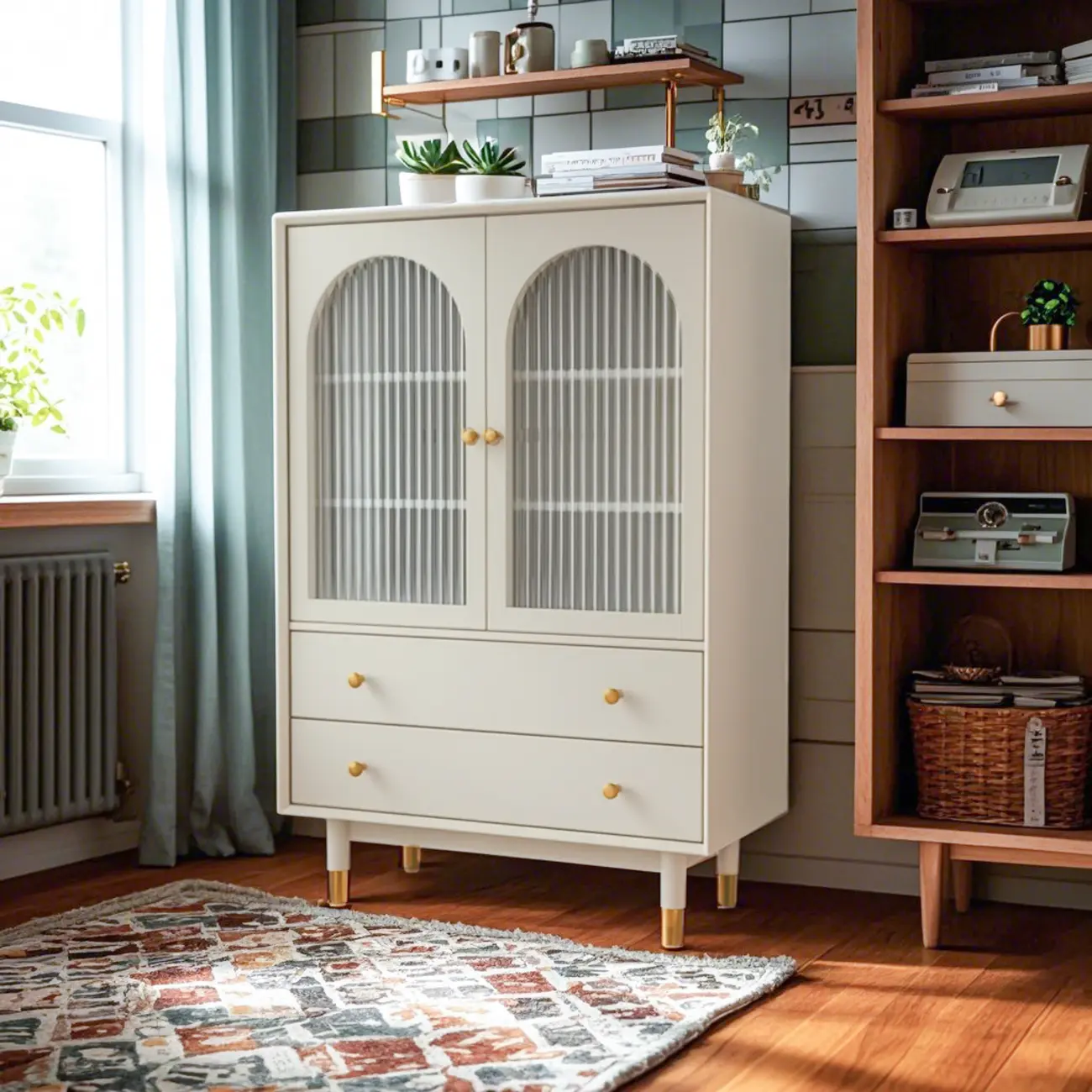 Modern Beige Solid Wood Accent Cabinet with 2 Drawers