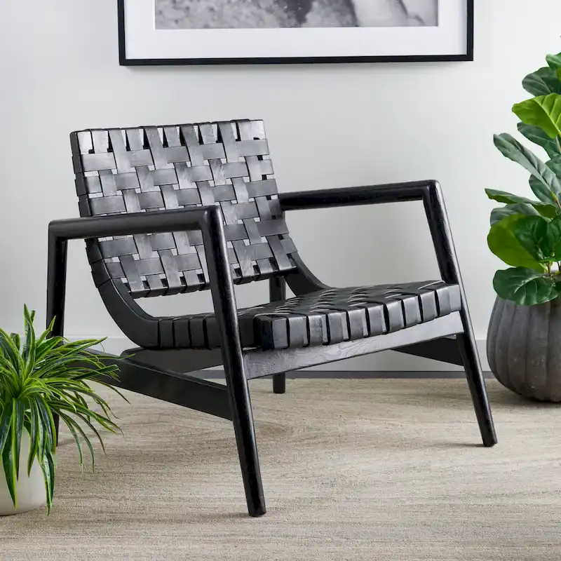Natural Wood Leather Woven Accent Chair - Single Seat