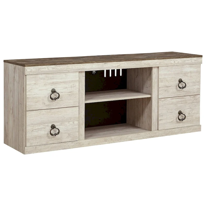60 Inch Rustic TV Media Entertainment Console, Round Handles, Wood, White