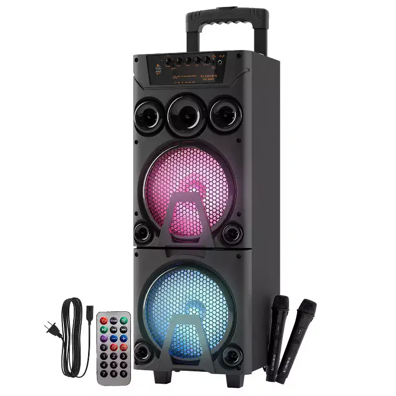 Audiobox 16-Watt Bluetooth Rechargeable Groovestar Party Speaker with Dual 8-In. Woofers, Lights, Wireless Mics, WaveSync, and Remote, ABX...
