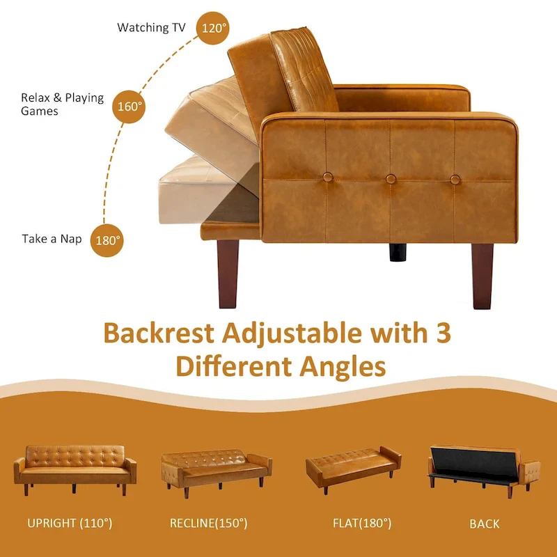 74.4 L Faux Leather Full Handcrafted Button Tufted Sofa 3-Seat, Convertible Sleeper Couch Adjustable Backrest