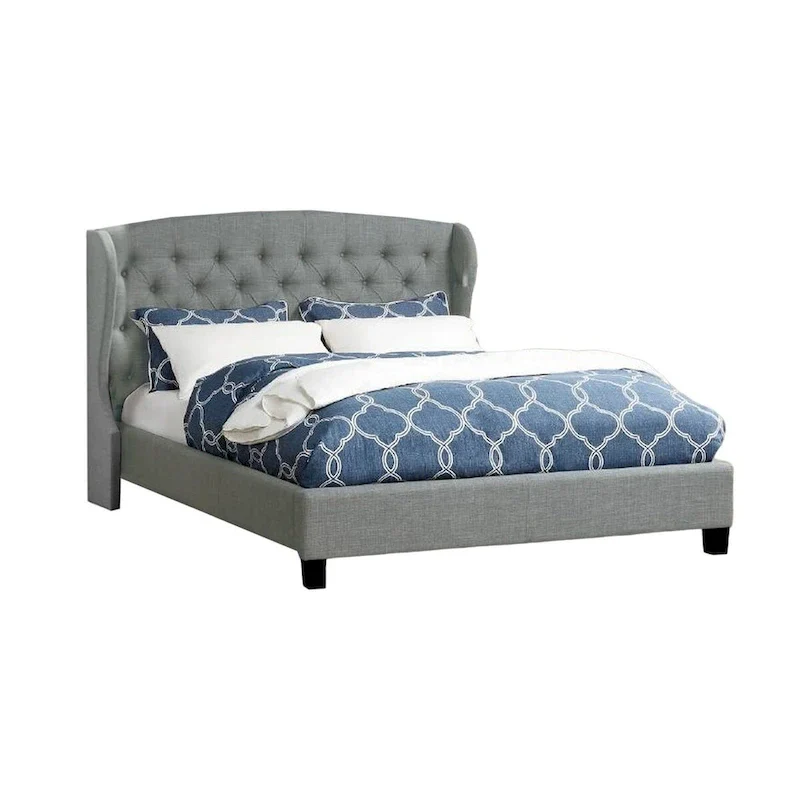 Jimi California King Bed, Upholstered Wingback Headboard, Gray Polyester